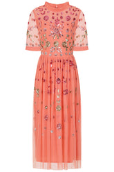 Myrtle Coral Floral Embellished Midi Dress